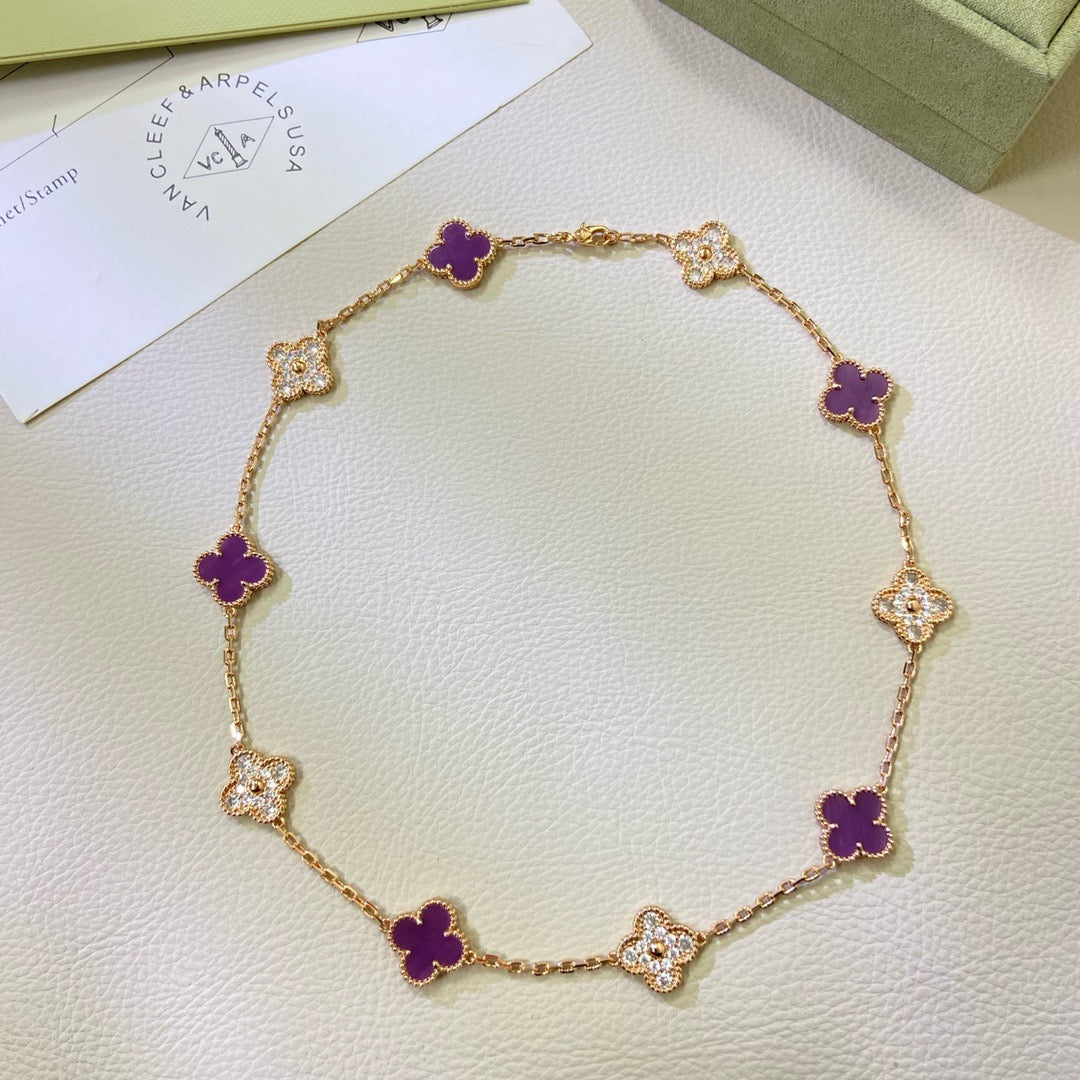 [LumiVibe Jewelry]CLOVER 10 MOTIFS  PURPLE VIOLET DIAMOND NECKLACE
