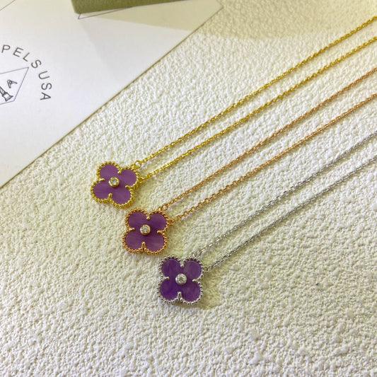 [LumiVibe Jewelry]CLOVER 15MM DIAMOND  PURPLE VIOLET NECKLACE