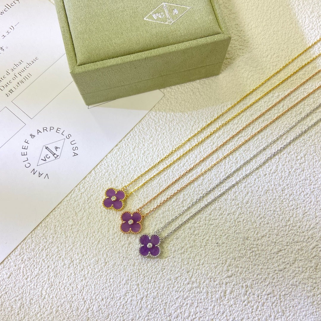 [LumiVibe Jewelry]CLOVER 15MM DIAMOND  PURPLE VIOLET NECKLACE