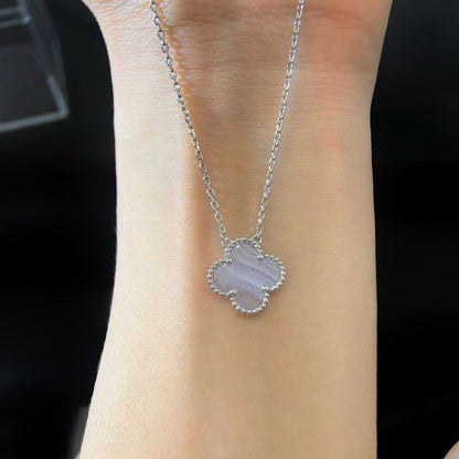 [LumiVibe]CLOVER 15MM BLUE CHALCEDONY NECKLACE SILVER