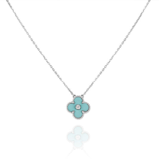 [LumiVibe]CLOVER 1 DIAMOND LIGHT BLUE SILVER NECKLACE