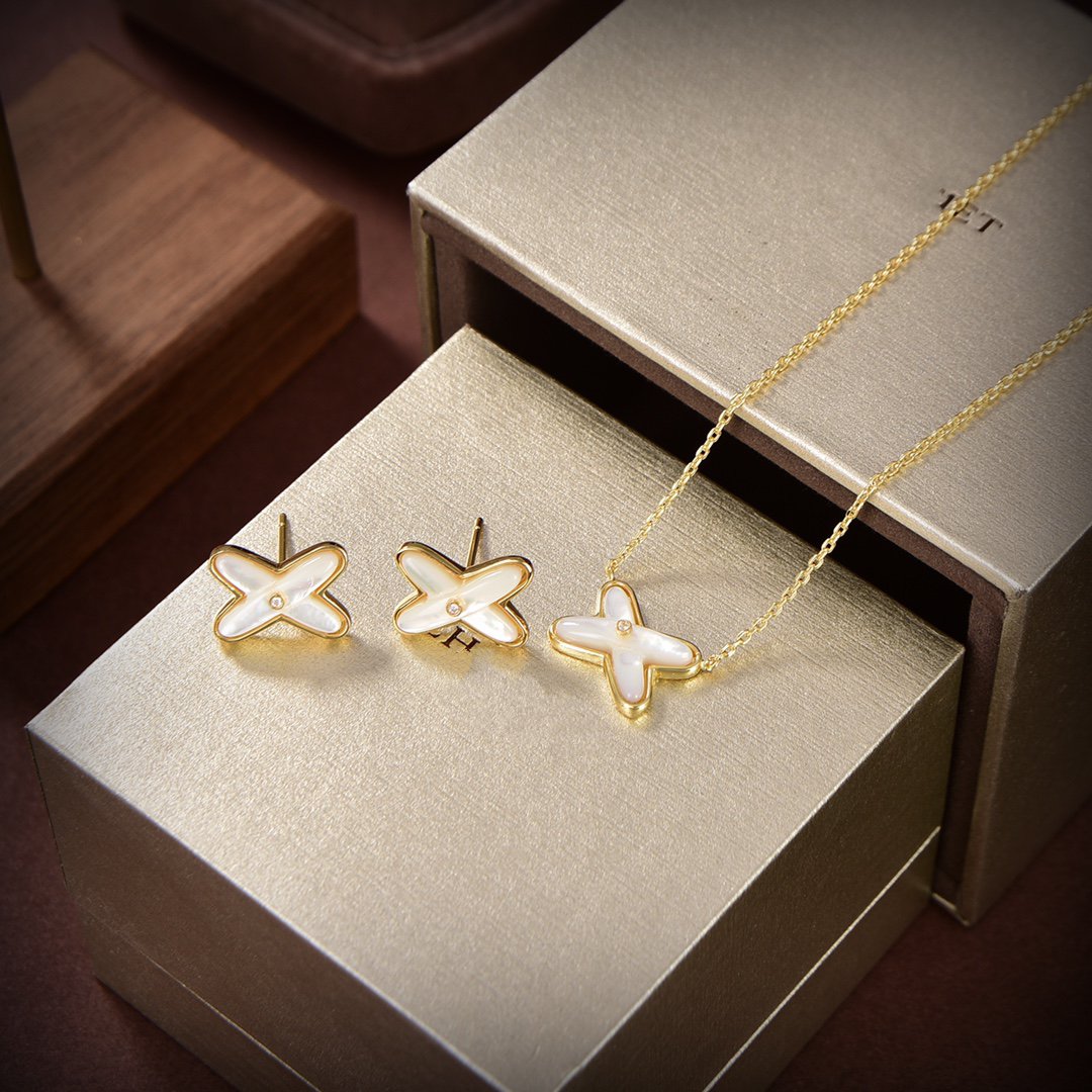 [LumiVibe]JEUX DE WHITE MOP GOLD DIAMOND EARRINGS