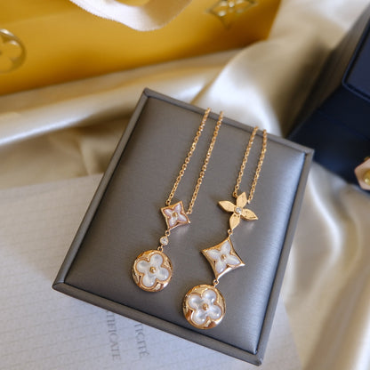 [LumiVibe]COLOR BLOSSOM LARIAT NECKLACE PINK GOLD WHITE MOTHER PEARL AND DIAMOND