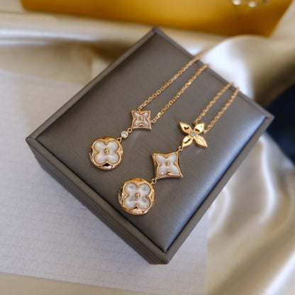 [LumiVibe]COLOR BLOSSOM LARIAT NECKLACE PINK GOLD WHITE MOTHER PEARL AND DIAMOND