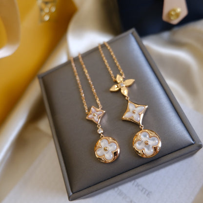 [LumiVibe]COLOR BLOSSOM LARIAT NECKLACE PINK GOLD WHITE MOTHER PEARL AND DIAMOND