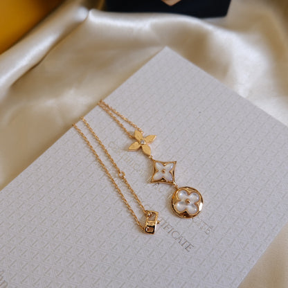 [LumiVibe]COLOR BLOSSOM LARIAT NECKLACE PINK GOLD WHITE MOTHER PEARL AND DIAMOND