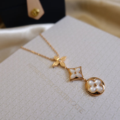 [LumiVibe]COLOR BLOSSOM LARIAT NECKLACE PINK GOLD WHITE MOTHER PEARL AND DIAMOND