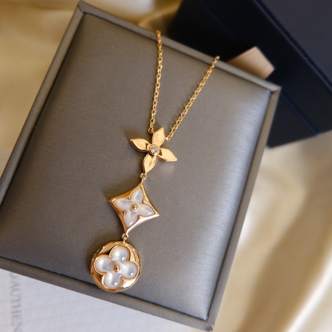 [LumiVibe]COLOR BLOSSOM LARIAT NECKLACE PINK GOLD WHITE MOTHER PEARL AND DIAMOND