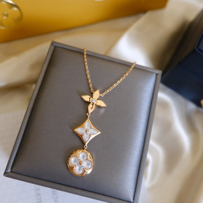 [LumiVibe]COLOR BLOSSOM LARIAT NECKLACE PINK GOLD WHITE MOTHER PEARL AND DIAMOND