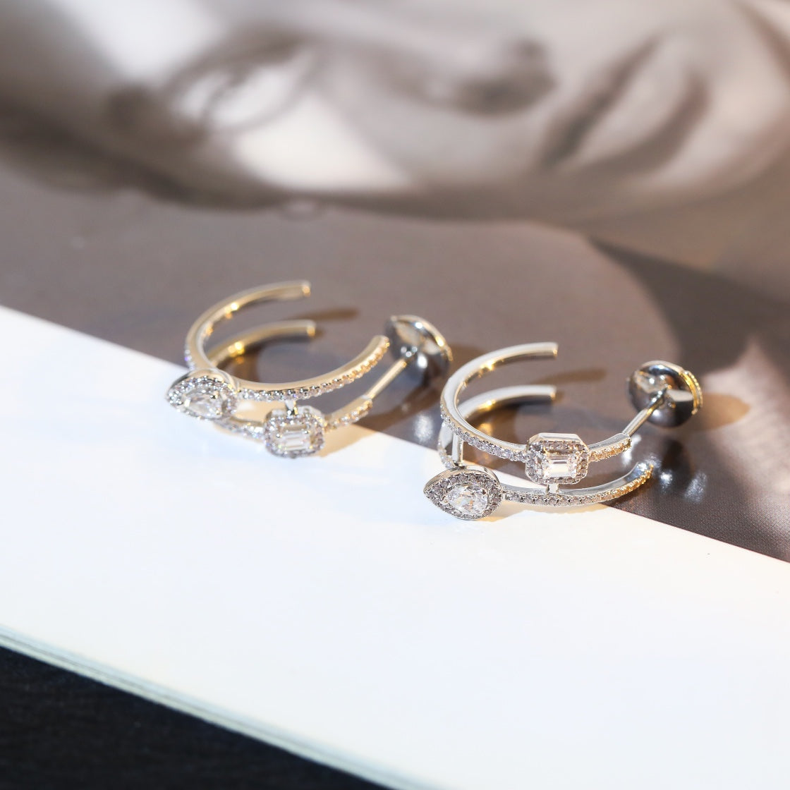 [LumiVibe]CREOLES MY TWIN 2 RANGS SILVER DIAMOND EARRINGS