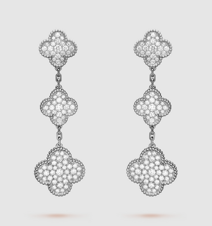 [LumiVibe]CLOVER 3 MOTIF DIAMOND SILVER DROP EARRINGS