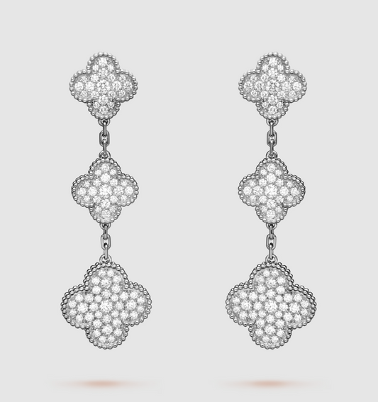[LumiVibe]CLOVER 3 MOTIF DIAMOND SILVER DROP EARRINGS