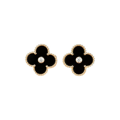 [LumiVibe]CLOVER MEDIUM 1 MOTIFS ONYX DIAMOND EARRINGS