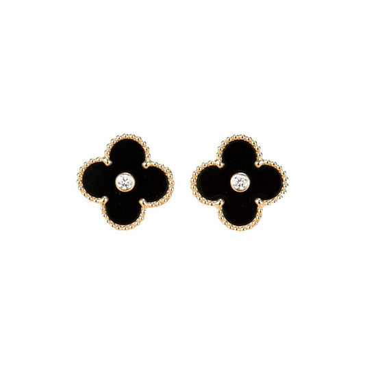 [LumiVibe]CLOVER MEDIUM 1 MOTIFS ONYX DIAMOND EARRINGS