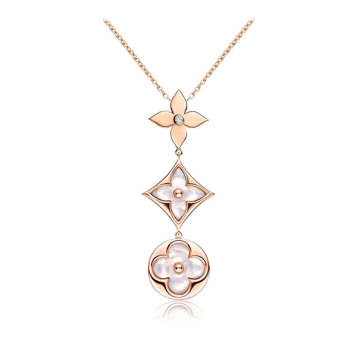 [LumiVibe]COLOR BLOSSOM LARIAT NECKLACE PINK GOLD WHITE MOTHER PEARL AND DIAMOND