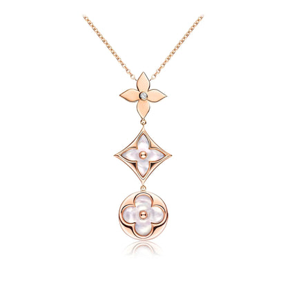 [LumiVibe]COLOR BLOSSOM LARIAT NECKLACE PINK GOLD WHITE MOTHER PEARL AND DIAMOND