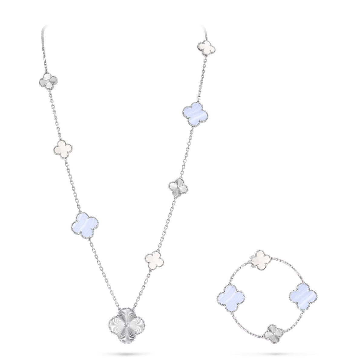 [LumiVibe]DETACHABLE CLOVER 15(11+4) FLOWER SILVER NECKLACE SET