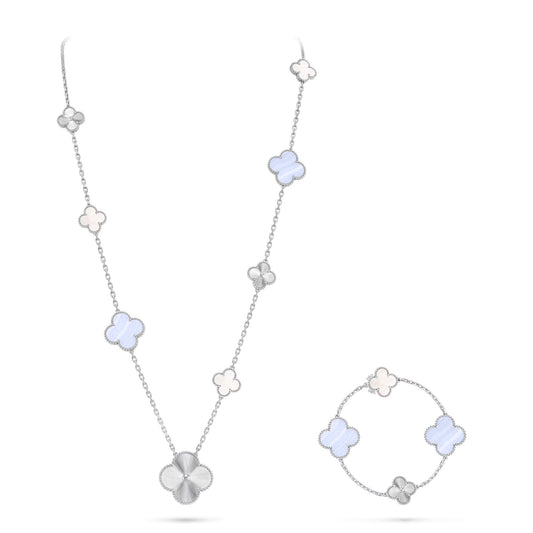 [LumiVibe]DETACHABLE CLOVER 15(11+4) FLOWER SILVER NECKLACE SET