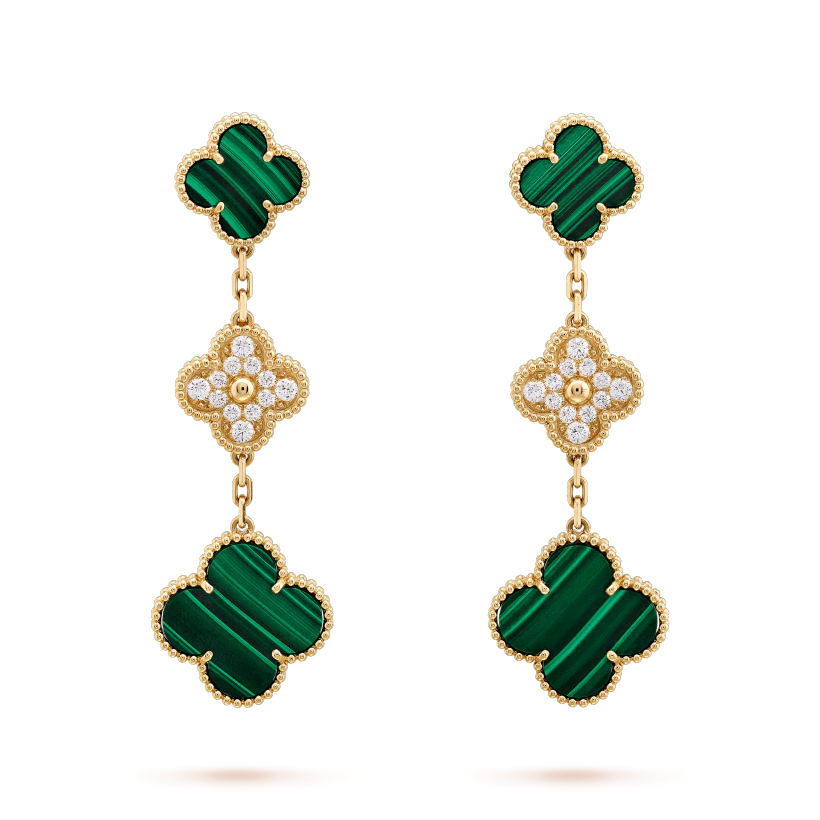 [LumiVibe]CLOVER EARRINGS GOLD MALACHITE DIAMOND 3 MOTIF