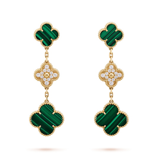 [LumiVibe]CLOVER EARRINGS GOLD MALACHITE DIAMOND 3 MOTIF