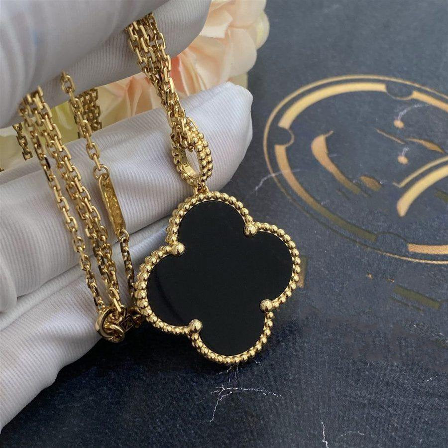 [LumiVibe]CLOVER 25MM GOLD ONYX BIG CLOVER NECKLACE