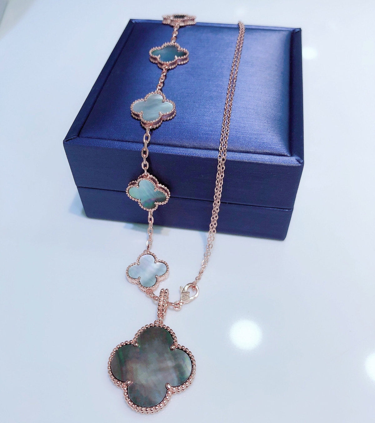 [LumiVibe]COMBINED BRACELET 5 MOTIFS AND NECKLACE DARK MOP ROSE GOLD