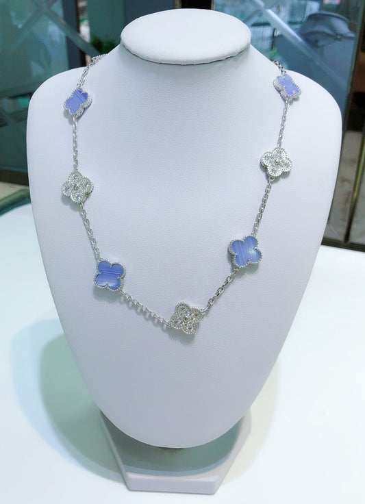 [LumiVibe]CLOVER 10 MOTIFS CHALCEDONY DIAMONDS SILVER NECKLACE