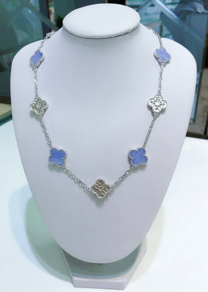 [LumiVibe]CLOVER 10 MOTIFS CHALCEDONY DIAMONDS SILVER NECKLACE
