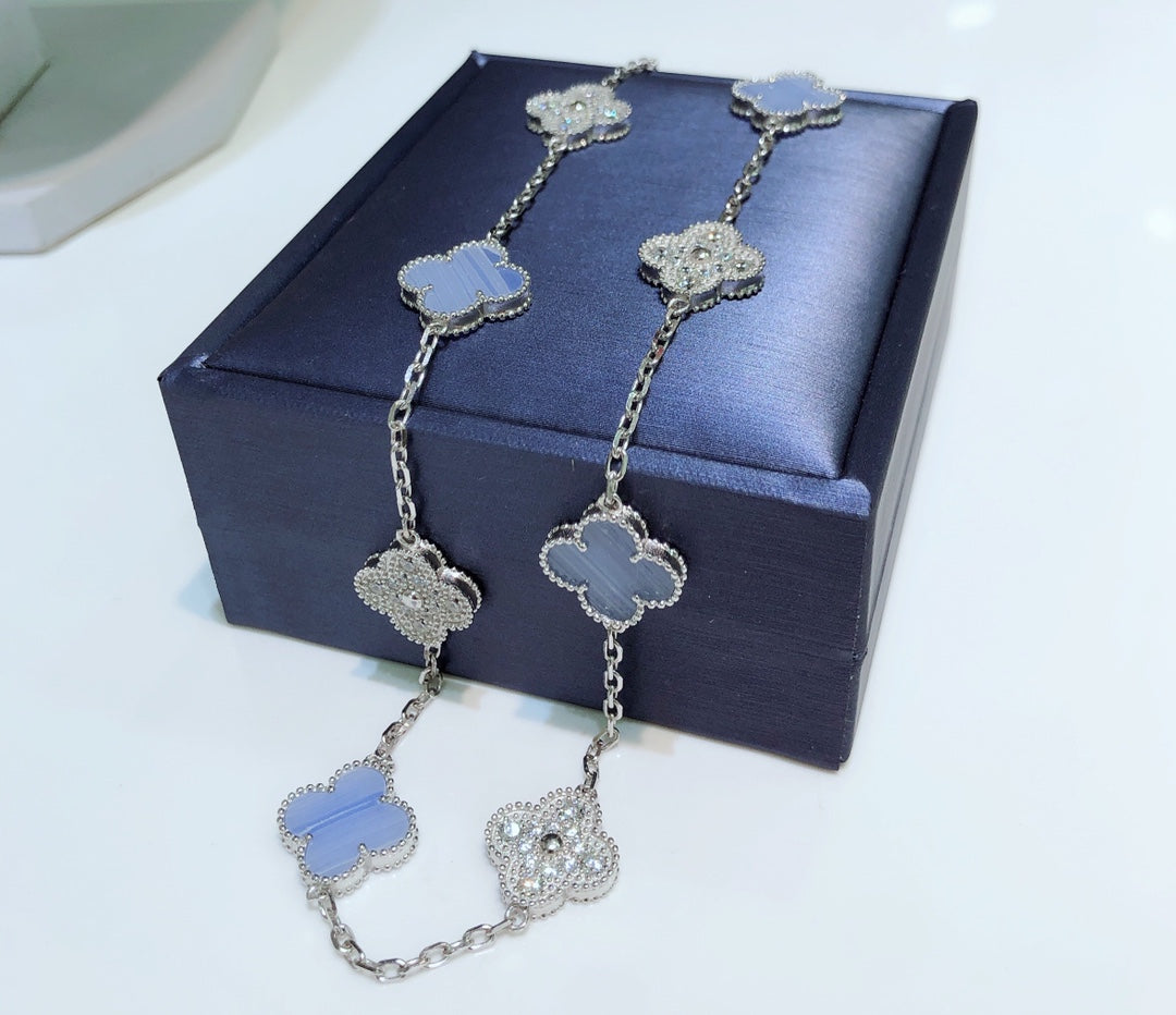 [LumiVibe]CLOVER 10 MOTIFS CHALCEDONY DIAMONDS SILVER NECKLACE