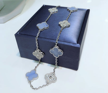 [LumiVibe]CLOVER 10 MOTIFS CHALCEDONY DIAMONDS SILVER NECKLACE
