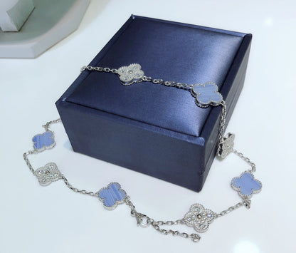 [LumiVibe]CLOVER 10 MOTIFS CHALCEDONY DIAMONDS SILVER NECKLACE