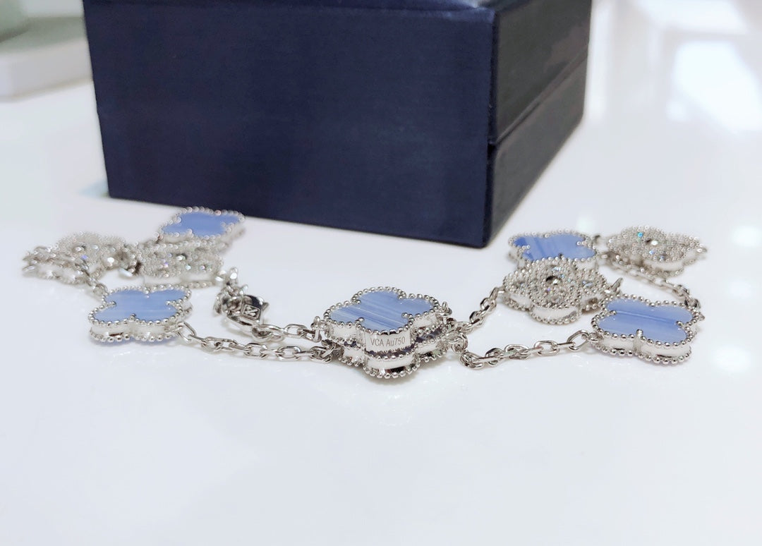 [LumiVibe]CLOVER 10 MOTIFS CHALCEDONY DIAMONDS SILVER NECKLACE