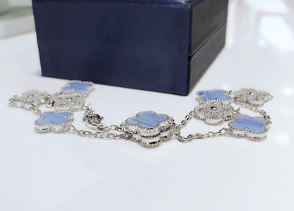 [LumiVibe]CLOVER 10 MOTIFS CHALCEDONY DIAMONDS SILVER NECKLACE