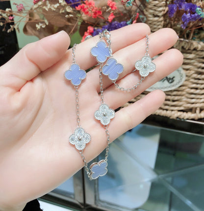 [LumiVibe]CLOVER 10 MOTIFS CHALCEDONY DIAMONDS SILVER NECKLACE