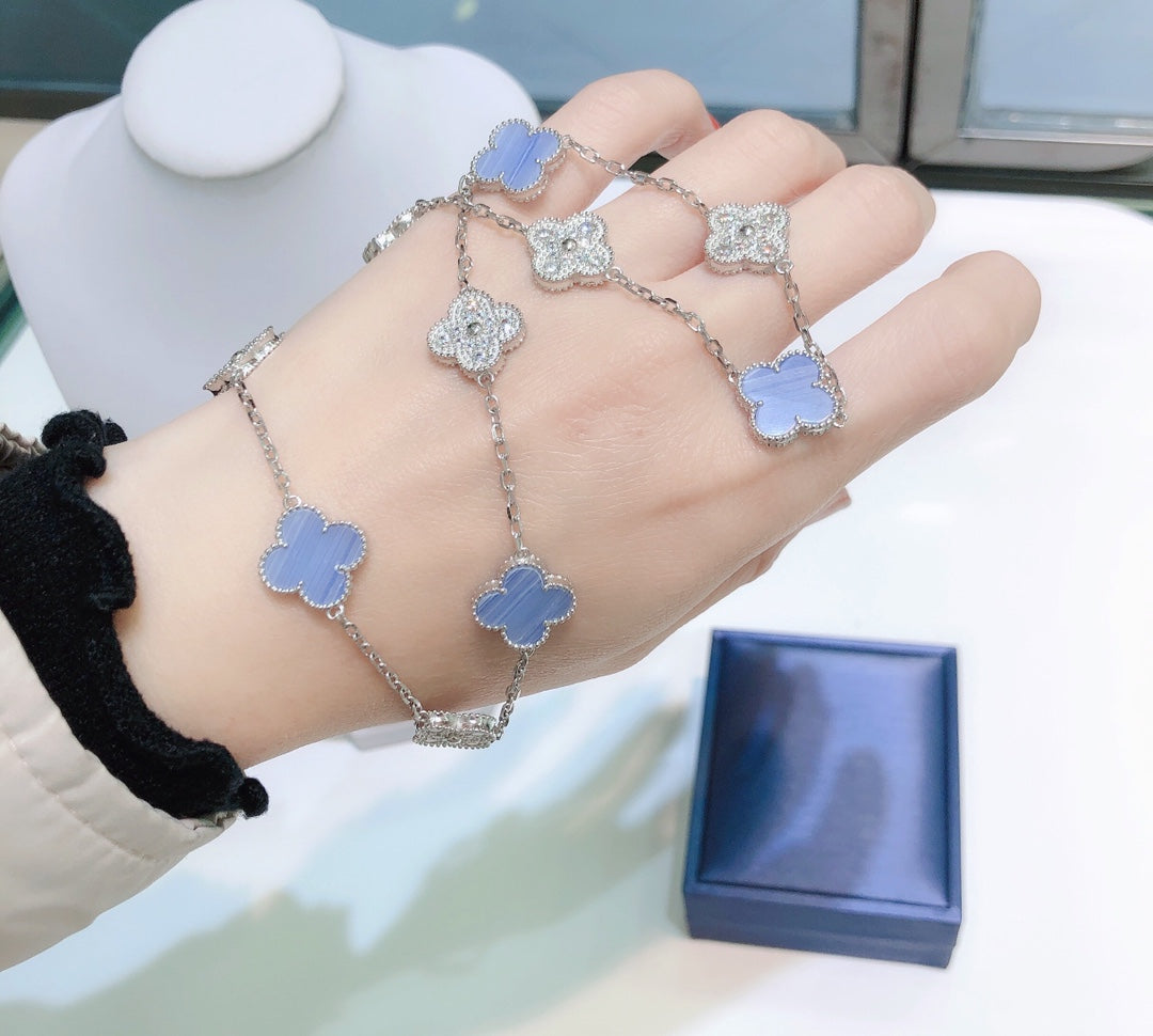 [LumiVibe]CLOVER 10 MOTIFS CHALCEDONY DIAMONDS SILVER NECKLACE
