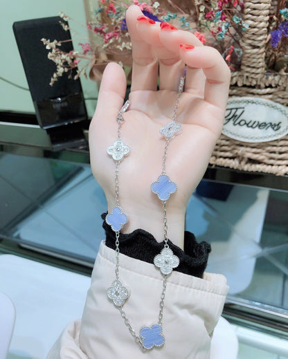 [LumiVibe]CLOVER 10 MOTIFS CHALCEDONY DIAMONDS SILVER NECKLACE