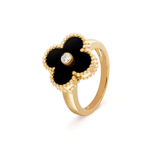 [LumiVibe]CLOVER ONYX RING GOLD DIAMOND